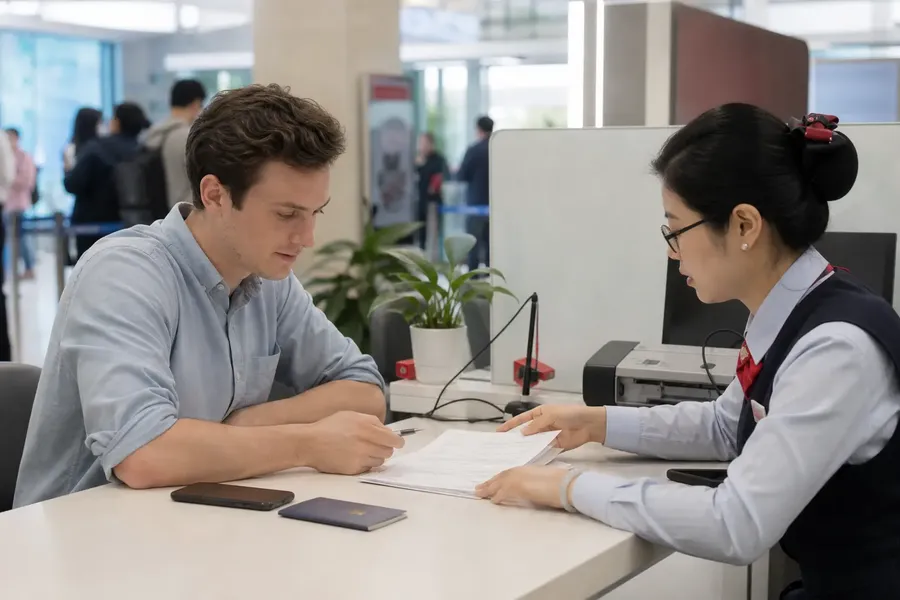 International resident completing a bank account application at a Shanghai branch counter