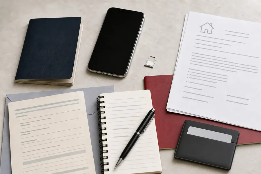 Passport, phone, SIM card and supporting documents prepared for a Shanghai bank account application