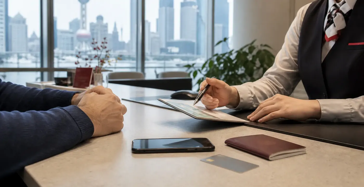 Foreign resident preparing bank account documents with a teller in Shanghai