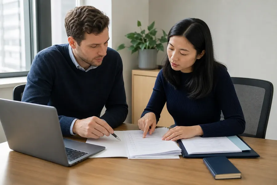 Foreign employee and Shanghai HR professional reviewing a work-permit document checklist together
