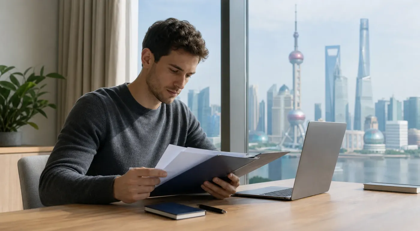 Foreign professional reviewing China work-permit documents at a desk overlooking the Shanghai skyline