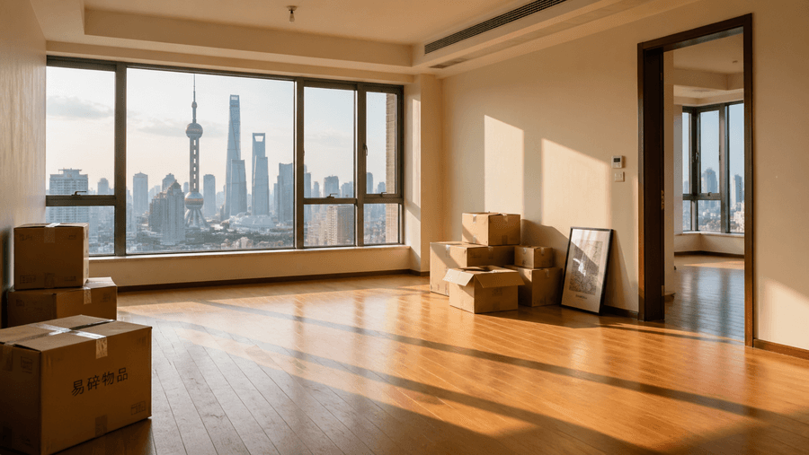 Empty Shanghai apartment with moving boxes — Hello China relocation planning