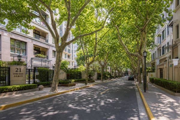 Tree-lined residential street in Gubei, Hongqiao — established expat community with strong school access