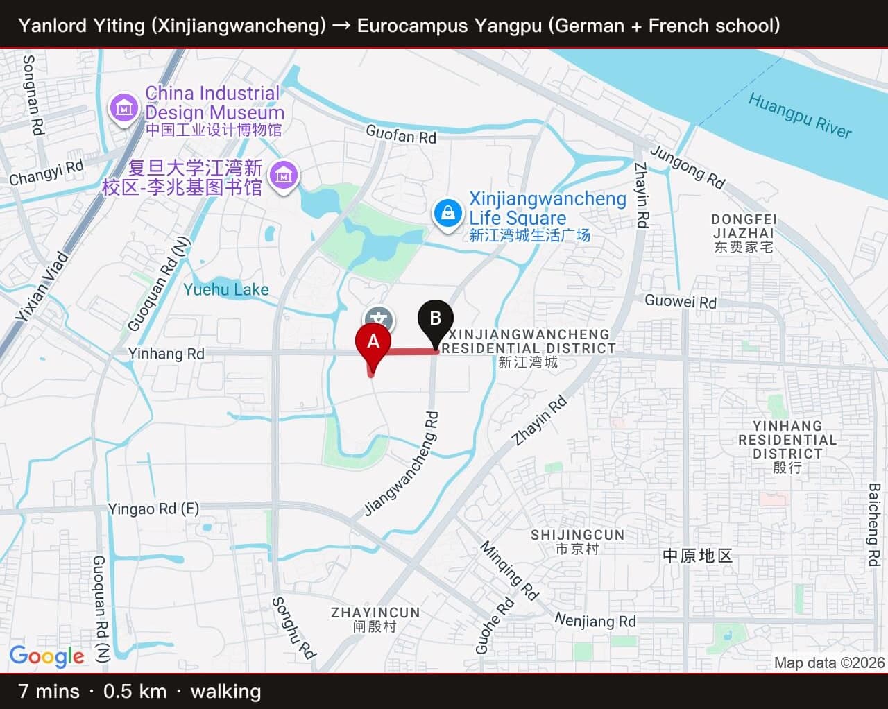 Yanlord Yiting (Xinjiangwancheng) → Eurocampus Yangpu — 7-min walk, 0.5 km. Directly across the campus block.