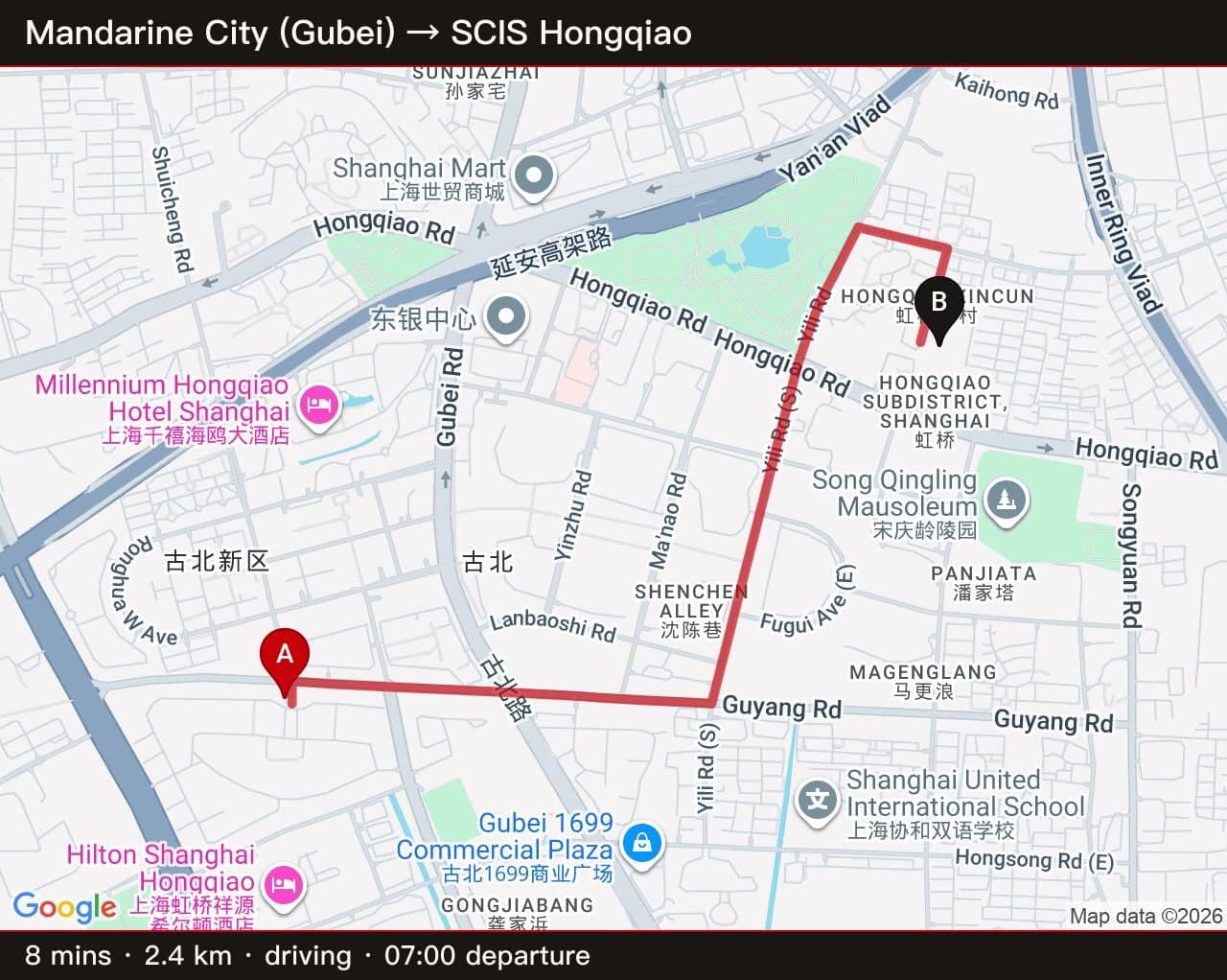 Mandarine City (Gubei) → SCIS Hongqiao — 8 min / 2.4 km driving, 7am departure