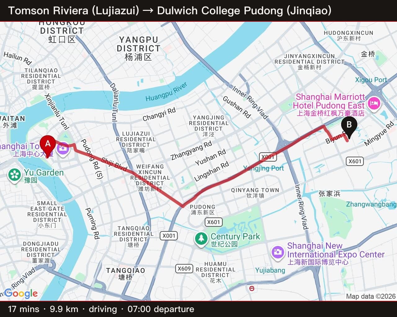 Tomson Riviera (Lujiazui) → Dulwich Pudong (Jinqiao) — 17 min / 9.9 km driving, 7am departure