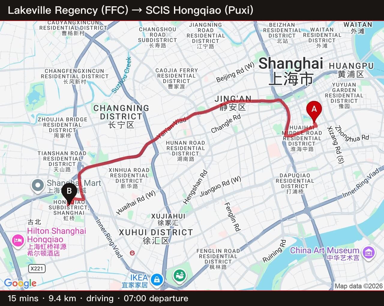 Lakeville Regency (FFC) → SCIS Hongqiao — 15 min / 9.4 km driving, 7am departure