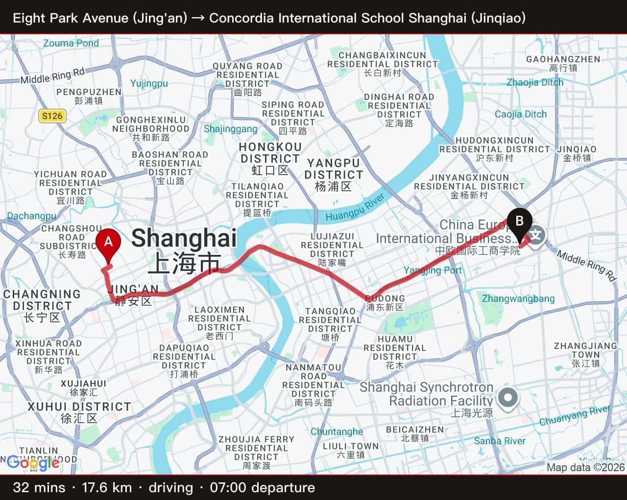 Eight Park Avenue (Jing'an) → Concordia (Jinqiao) — 32 min / 17.6 km driving, 7am departure (real-world adds 10-20 min for school-zone queues)