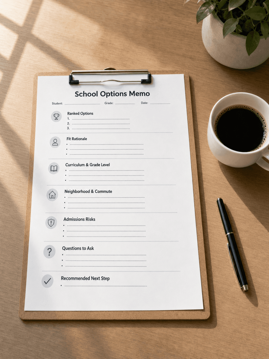 Personalized 1-page Shanghai school shortlist memo — the deliverable from the $299 School Fit Diagnostic