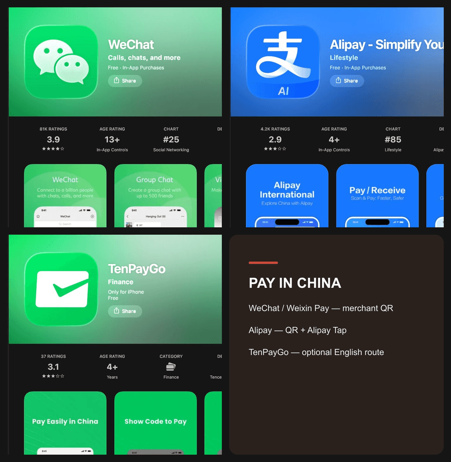 Official App Store previews for WeChat, Alipay and TenPayGo, grouped as payment apps for visitors to China