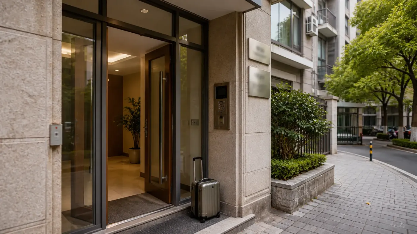 Suitcase outside the entrance of a Shanghai residential compound before address registration