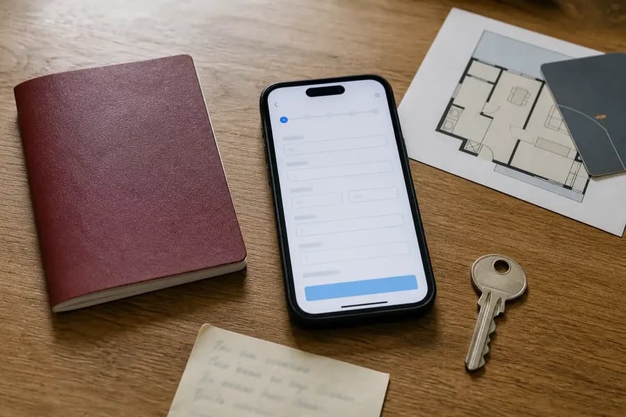 Travel document, phone, apartment key and address details prepared for Shanghai accommodation registration