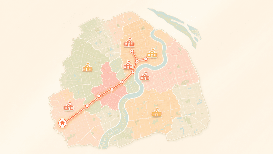 Stylized Shanghai map showing a long school commute — why apartment-first relocation backfires