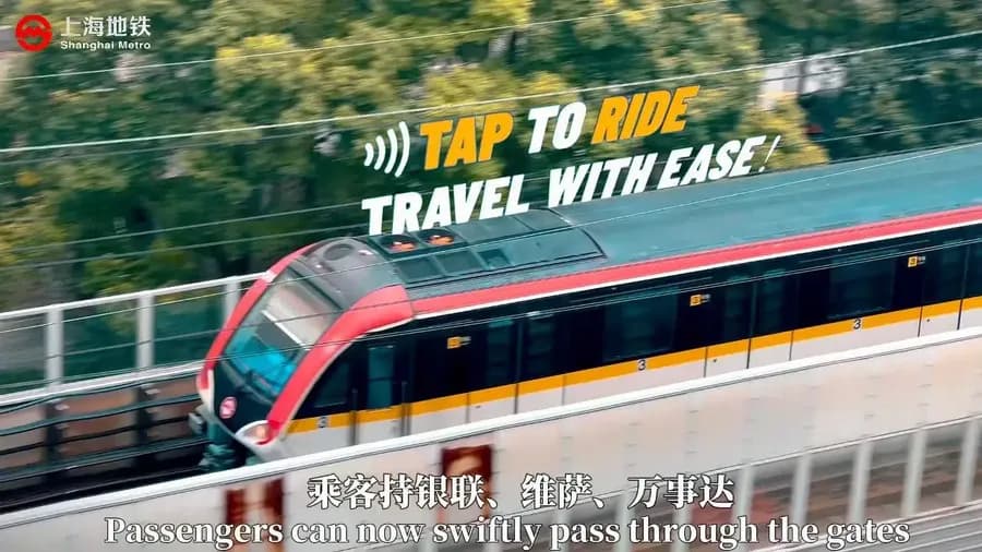 Shanghai Metro train and Tap to Ride message for contactless international bank cards