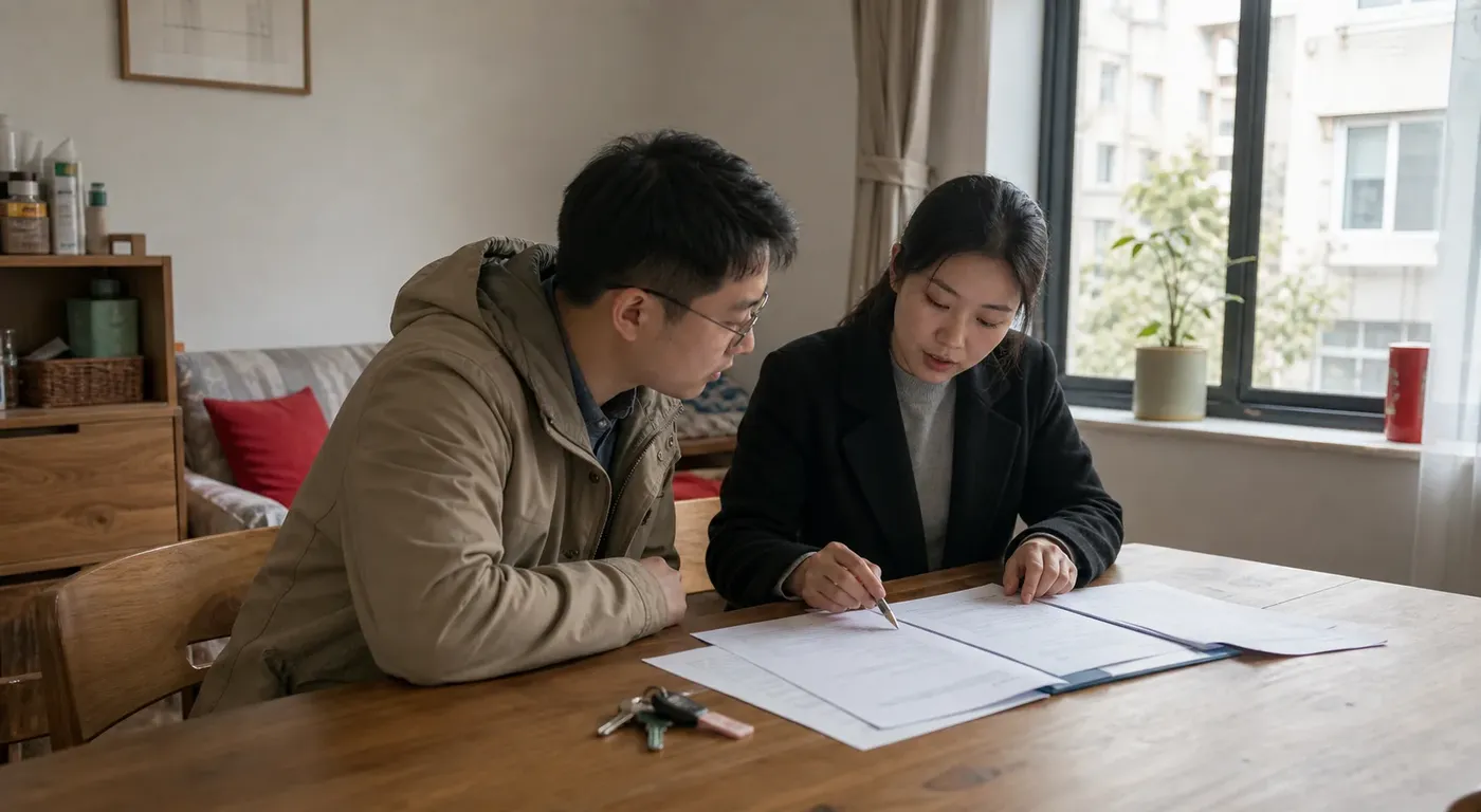 A renter and rental agent reviewing a Shanghai apartment lease beside a set of keys