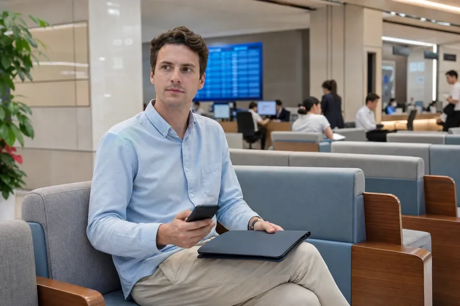 Foreign professional waiting with a document folder at a Shanghai public-service appointment