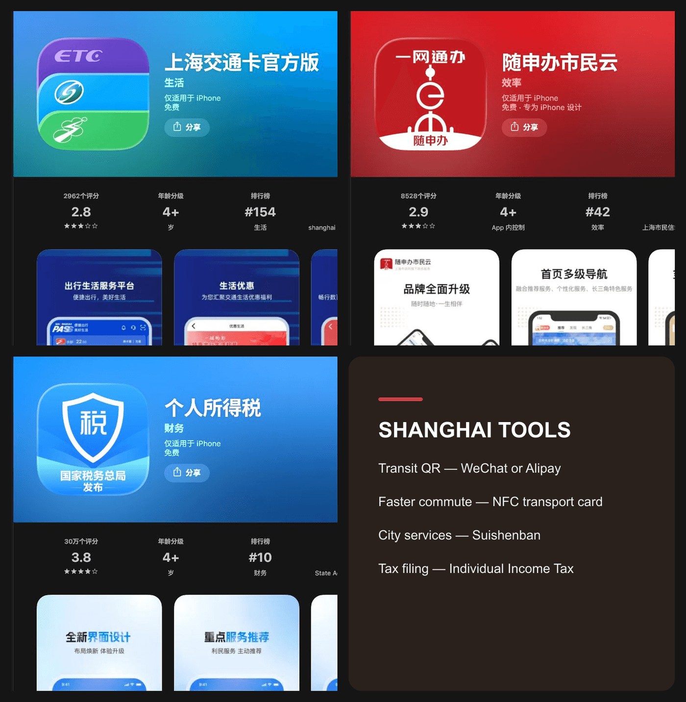 Official previews for Shanghai Transportation Card, Suishenban and Individual Income Tax apps