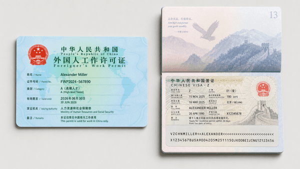 China work permit and residence card on a desk — Shanghai work and live visa service