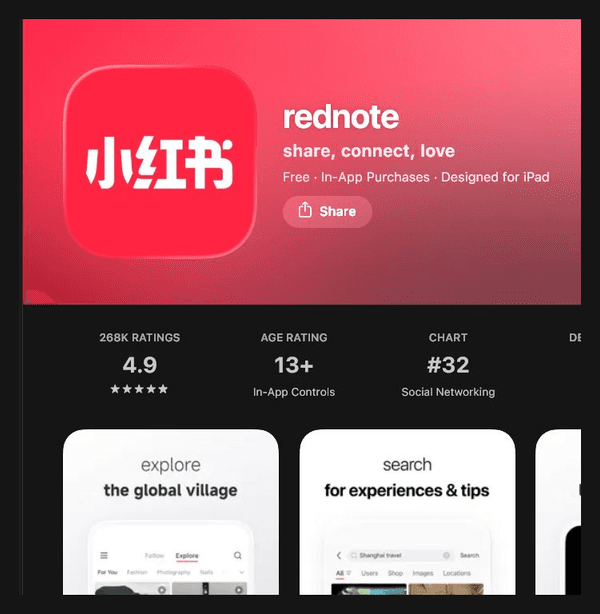 Official Xiaohongshu REDnote App Store preview showing its icon and community interface