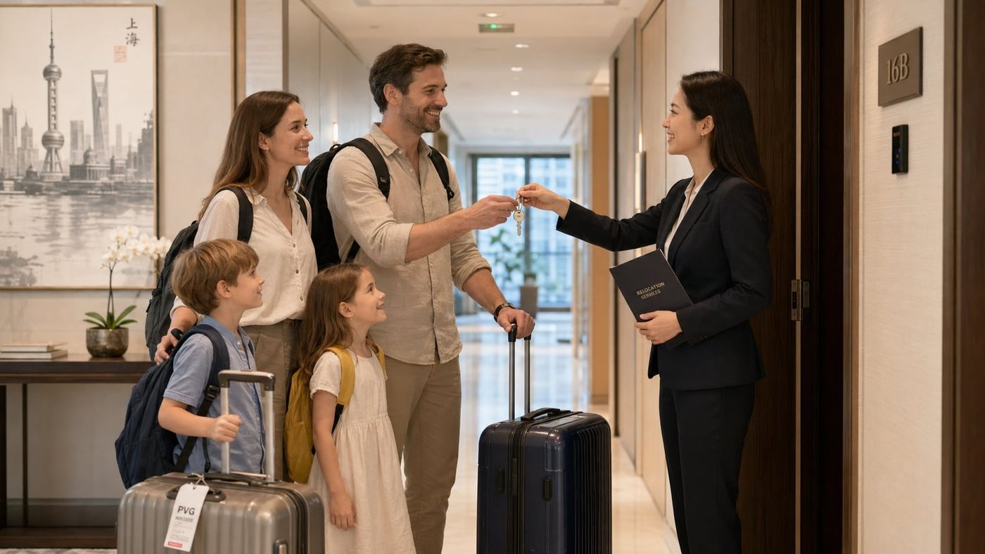 Consultant handing apartment keys to a relocating family — full Shanghai relocation package