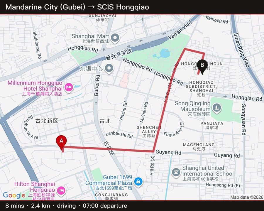 Mandarine City (Gubei) → SCIS Hongqiao — 8 min / 2.4 km driving, 7am departure