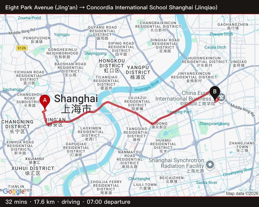 Eight Park Avenue (Jing'an) → Concordia (Jinqiao) — 32 min / 17.6 km driving, 7am departure (real-world adds 10-20 min for school-zone queues)