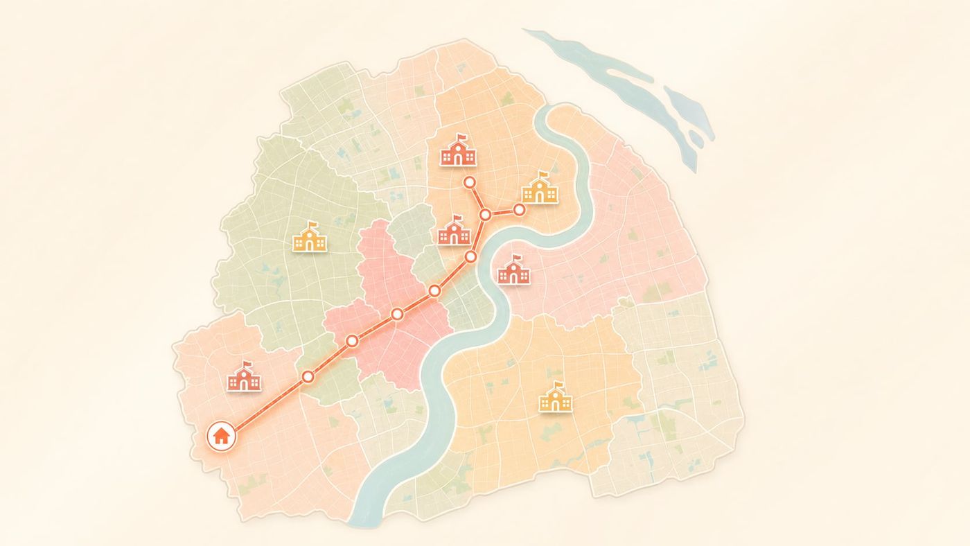 Stylized Shanghai map showing a long school commute — why apartment-first relocation backfires