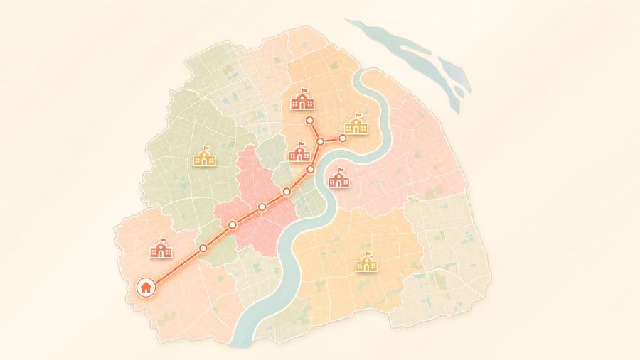 Stylized Shanghai map showing a long school commute — why apartment-first relocation backfires