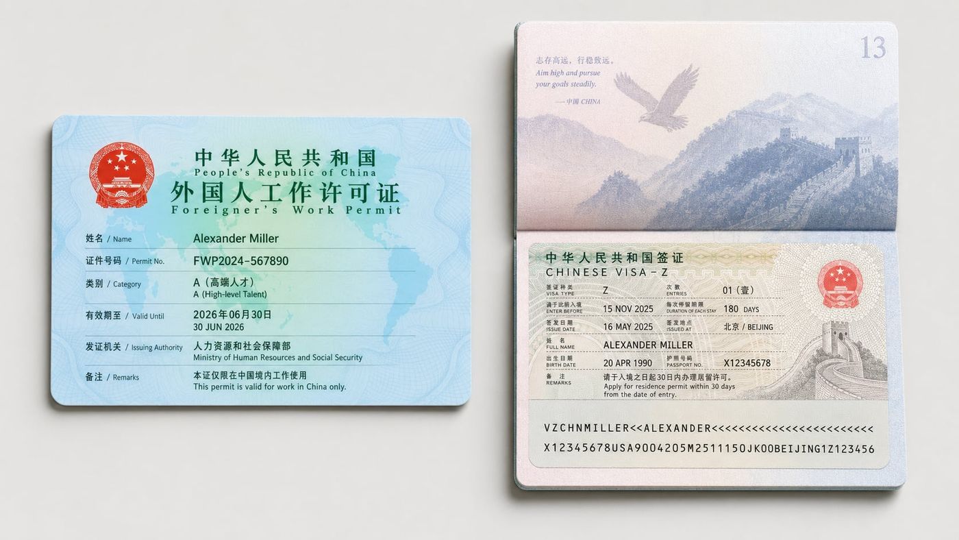 China work permit and residence card on a desk — Shanghai work and live visa service